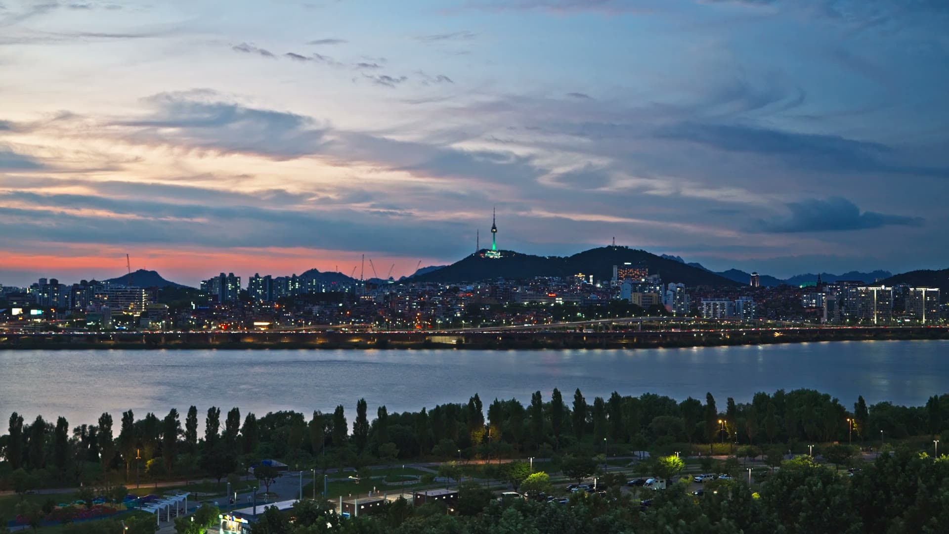 Seoul at dusk — N Seoul Tower on Namsan over the Han River